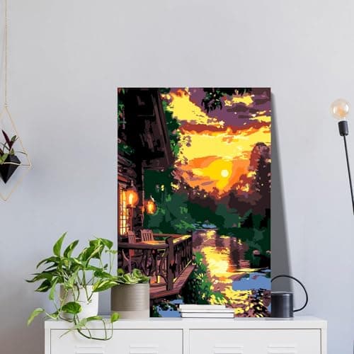 igoodom Framed Paint by Numbers Kit for Adults Beginner, Sunset House Easy Paint by Number Kits on Canvas with Easel, DIY Adults' Paint-by-Number Kits for Gift Home Wall Decor 8x12inch view 2