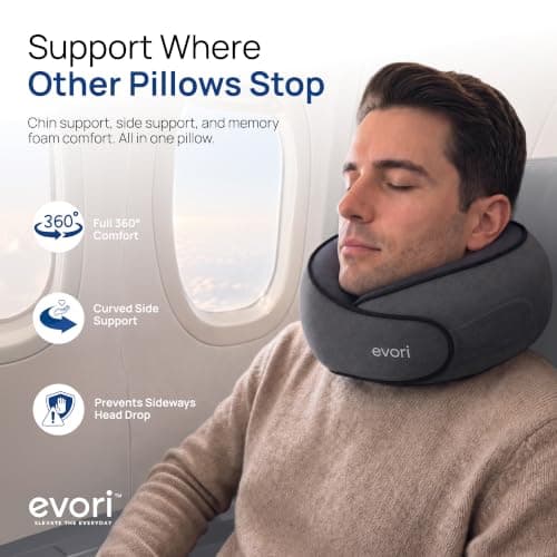 evori Memory Foam Travel Neck Pillow, 360° Support for Airplane & Car | Memory foam travel neck pillow with 360° head and chin support, adjustable closure, washable cover and travel bag. view 3