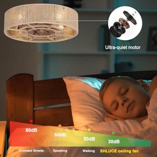 SHLUCE 18" Boho Caged Ceiling Fan with Light, Fandelier Flush Mount Ceiling Fan with Light, Small Low Profile Bladeless Ceiling Fans with Lights and Remote for Bedroom, Living Room, Rattan - ETL view 4