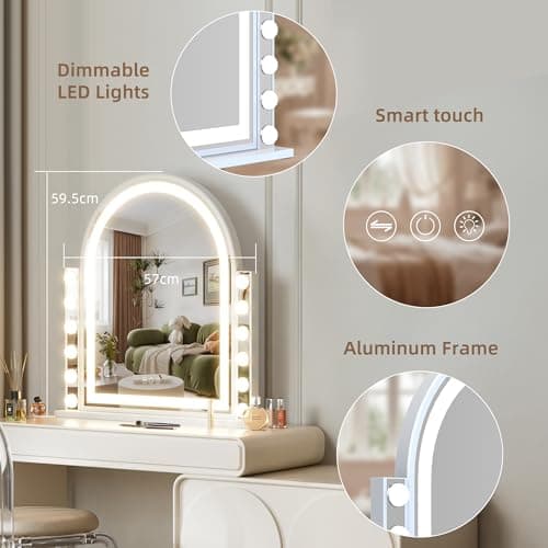 Hansong Hollywood Vanity Mirror with Lights 22.4"x23.4" Arched Lighted Makeup Mirror with Lights 12 Dimmable Bulbs Three Color Lighting Modes Detachable 10X Magnification Smart Touch Control view 5