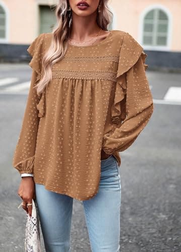 PRETTYGARDEN Women's Long Sleeve Shirts Ruffle Swiss Dot Crochet Loose Fit Tunic Dressy Casual Tops Blouses Spring Fashion view 3