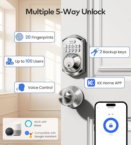 TEEHO TE012W-K WiFi Smart Keyless Entry Door Lock with Handle, Fingerprint Door Knob & Digital Keypad, APP Remote Control, Works with Alexa & Google, Electronic Deadbolt for Front Door, Satin Nickel view 4