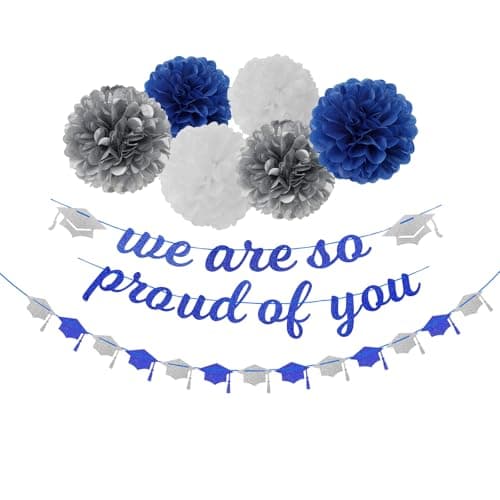 Navy-Blue White-Silver Party-Decoration Graduation Banner - 8pcs Kits Cap Garland Streamers, Paper Tissue Pom Poms Flowers,We are So Proud of You Congratulations Grad 2026 Decor Lasting Surprise view 1