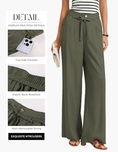 GRACE KARIN Linen Pants Women,Elastic High Waist Wide Leg Pants with Pockets,Comfy Beach Vacation Trousers view 3