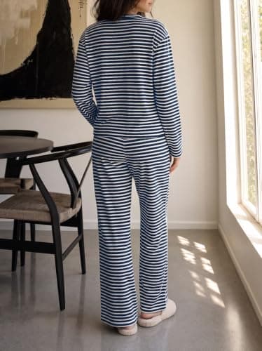 Fisoew Womens 2 Piece Lounge Set Striped Cardigan Pant Sets Travel Outfits view 4