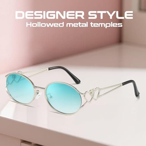 SODQW Retro Oval Sunglasses for Women Trendy Metal Frame Round Designer Sun Glasses with Heart Accents UV Protection view 6
