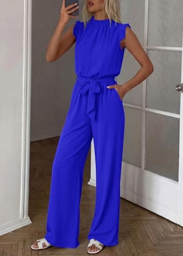 KIRUNDO Jumpsuits For Women Dressy Summer One Piece Sleeveless Ruffle Mock Neck Belt Pockets Formal Wide Leg Pants Romper view 6