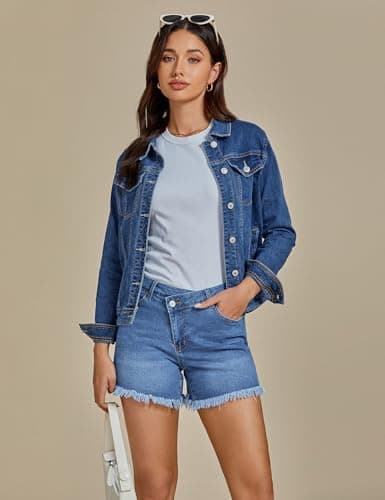 luvamia Jean Shorts for Women Mid Rise Trendy Stretchy Crossover Waist Denim Shorts Raw Hem Casual Summer Pockets view 6