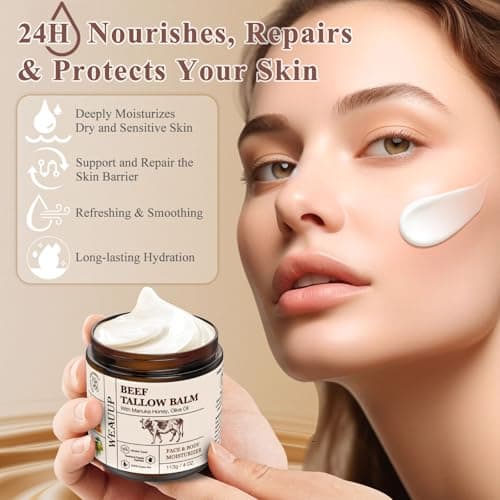 WEAUUP Beef Tallow for Skin, Organic Grass Fed Whipped Beef Tallow Balm, Tallow and Honey Balm with Raw Honey and Beeswax, Nourishing Moisturizer for Face & Body Natural Skin Care for Soft view 3