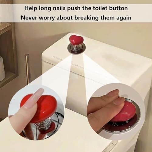 4 Pack Toilet Push Button Aid Replacement Sticker for Long Nails Protection, Heart-Shaped Button Extension Press Flush Knobs Sticker, Push Toilet Button Easily view 3