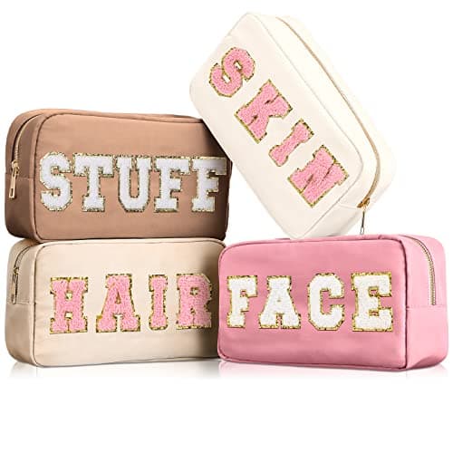 Cunno 4 Pcs Preppy Makeup Bags Chenille Letter Stuff Bag Nylon Cosmetic Pouch Cases with Zipper for Women Travel Toiletry(Multi Colors,Vivid)