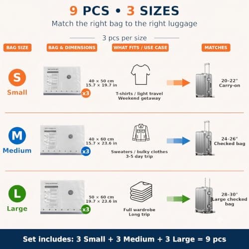 Vacuum Bags for Travel with 6000Pa Electric Pump, 9 Pack Vacuum Seal Bags for Clothing Travel in 3 Combo Sizes, Space Saver Compression Bags for Carry-On & Checked Luggage, 3 Sizes view 2