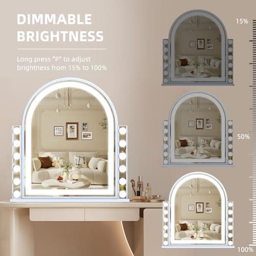 Hansong Hollywood Vanity Mirror with Lights 22.4"x23.4" Arched Lighted Makeup Mirror with Lights 12 Dimmable Bulbs Three Color Lighting Modes Detachable 10X Magnification Smart Touch Control view 4