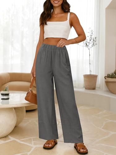 ANRABESS Women's Wide Leg Linen Pants Summer Boho Casual Elastic Waist Long Lounge Travel Pants Trousers with Pockets view 2