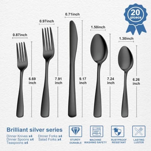BEWOS 20 Piece silverware set - Service for 4, Black Stainless Steel Silverware Set with Mirror Polishing, Including Knives, Forks and Spoons, Dishwasher Safe, Flatware Set Suitable for Home Kitchens view 2