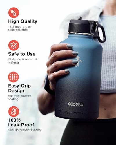 Half Gallon Water Bottle Insulated with Straw & 3 Lids, Coolflask 64 oz Water Jug Large Metal Stainless Steel Wide Mouth for Sports, Gym or Office, Non-BPA Keep Cold 48H Hot 24H, Samurai Cyan view 3