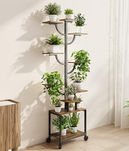 Plant Stand Indoor with Grow Lights - 9-Tier Plant Stand with Wheels, Tall Metal and Wood Indoor Plant Shelf with Tree Design, Rolling Flower Pot Holder Rack with Waterproof Finish, Adjustable Display Stand for Home Garden, Patio, 62" Tall view 3