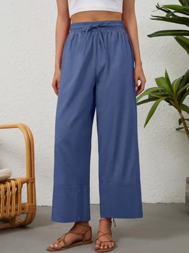 grewley Womens Linen Pants Cotton Boho Loose Palazzo Pants Wide Leg Long Lounge Trousers Drawstring with Pockets Beach view 2