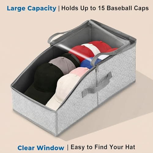 Funnydin 2PCS Hat Storage for Baseball Caps - Stackable Hat Organizer for Closet, Holds up to 30 Caps with Clear Window, Space-Saving Hat Box for Home Storage, Breathable Fabric, Grey view 3