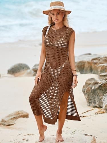 Saodimallsu Womens Crochet Swimsuit Coverup Summer Sleeveless Hollow Out Knit Crewneck Side Split Long Beach Dress view 2