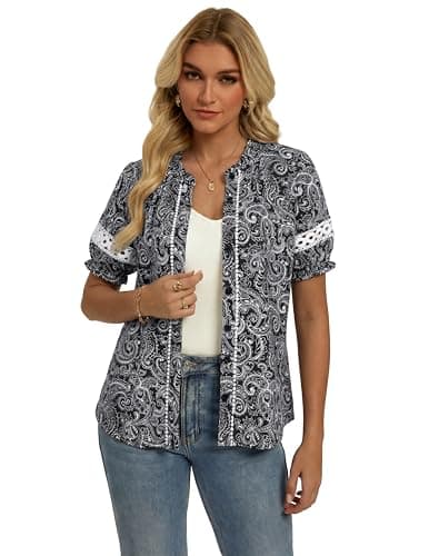GRACE KARIN Women Boho Floral Tops, Summer Short Eyelet Sleeve Dressy Casual Shirts, Spring Button Down Blouse 2026 Trendy view 3
