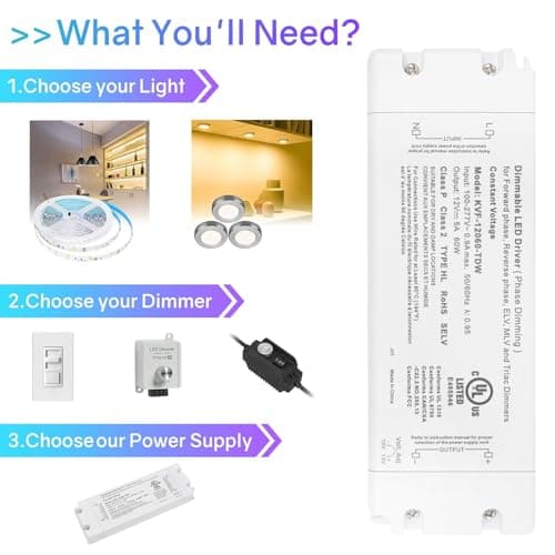 LED Driver 60W Triac Dimmable, Power Supply 100-277V AC to 12V DC, Low Voltage Transformer for Strip Lights, Compatible with Most Lutron & Leviton dimmers, UL Class 2/P Listed view 6