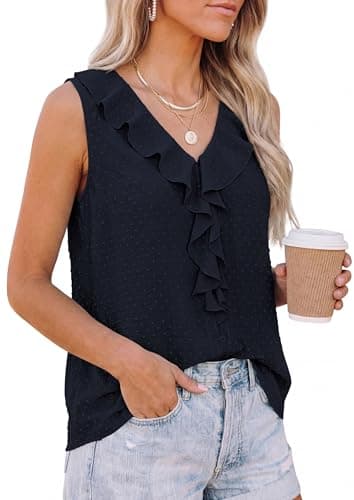 PRETTYGARDEN Tank Tops for Women 2026 Summer Fashion Sleeveless Ruffle Button Swiss Dot Dressy Casual Blouses Work Shirts view 4