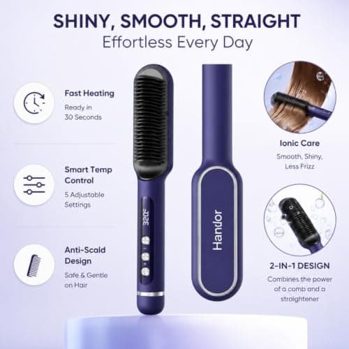 Handor Ionic Hair Straightener Brush, Anti-Scald Hot Brush with 9 Heat Settings 250-410F LED Display, Dual Voltage Hair Straightening Brush for Curly Thick Hair, Travel Kit view 2