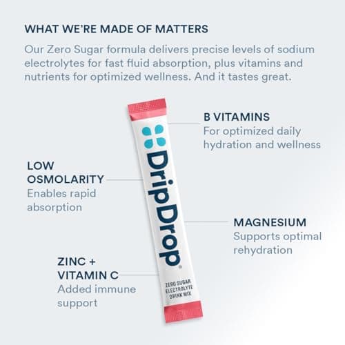 DripDrop Sugar Free Hydration Packets - Zero Classic Variety Pack - Single Serve Electrolytes Powder Drink Mix - Lemon Lime, Watermelon, Peach, Passion Fruit - Non-GMO, Gluten Free, Vegan - 32 Sticks view 4
