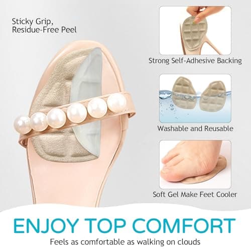 Niifawh Ball of Foot Cushions for Women 2 Pairs | 8ct Gel Blister Bandages for Feet, Blister Cushion for Heel, Toe, No Slip Metatarsal Pads for Reduce Heel, Toe & Foot Pain, Beige view 3