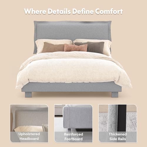 FLEXISPOT Queen Flange Edge Upholstered Platform Bed Frame & Adjustable Headboard–900 lbs,USB&Type-C Charging Ports,SGS Certified–Soft Padded Frame for Any Bedroom Style, Light Grey. view 5