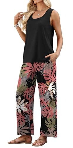 WIHOLL Two Piece Sets for Women Summer Spring Outfits Tank Square Neck Sleeveless Travel Vacation Lounge Wide Leg Pants Set view 4
