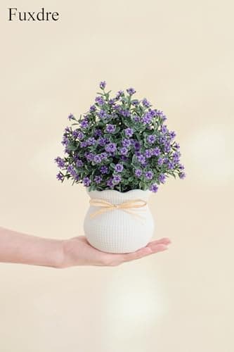 Fuxdre 2 Packs Small Fake Plants Mini Artificial Faux Plants with Flowers for Kitchen Office Home Room Farmhouse Bathroom Coffee Table Decor(Purple & White) view 2