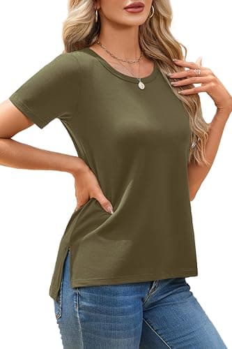 Herou Summer Women Casual Short Sleeve Tops T-Shirts Tees with Side Split — image 1