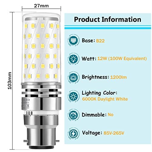 HengBo LED LED Bayonet Bulbs, 12W B22 Corn Bulb Equivalent 100W Halogen B22 Bayonet Cap Bulb, 1200Lm, 6000K Daylight White 4-Pack view 2