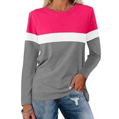 Jeqeocafy Women's Color Block Tunics Tops Crewneck Long Sleeve Shirts Casual Pullover Loose Fit T-Shirt