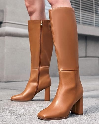 Coutgo Womens Wide Calf Knee High Boots Chunky High Heel Square Toe Fashion Leather Shoes with Side Zipper view 3