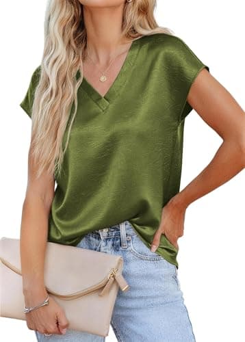 RUMIA Short Sleeve Satin Blouses Tops for Women- Ladies V Neck Blouse Shirt Dressy Casual Bussiness Work Outfit — image 1