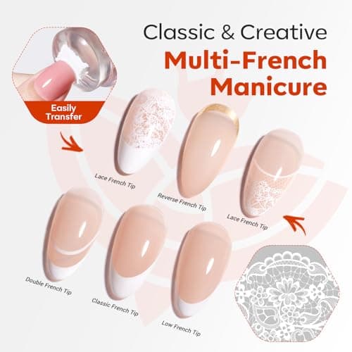 Modelones 16PCS Lace Nail Stamping Kit, French Tip Stamper White Black Painting Gel Polish Chrome Powder Proof Matte Gel Top Coat Gingham Template Dual Nail Art Brush Spring Manicure Gift for Women view 3