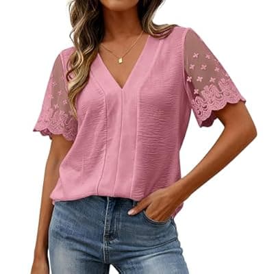 Zenlonr Women Tops Summer 2026 Short Sleeve Shirts Spring Vacation Fashion Dressy Casual Business V Neck Blouses