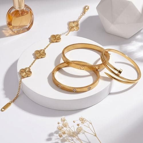 Womens Stackable Floral Gold Bracelets - 4Pcs 18K Gold Plated Bracelet,Stainless Steel Bangle Bracelets Non Tarnish,Gold Bracelet Set Fashion Jewelry,Valentines Birthday Christmas Jewelry Gifts view 6