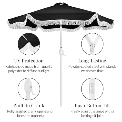 Best Choice Products 9ft Fringe Market Patio Umbrella – Outdoor Boho Tassel Sunshade for Table, Pool, Deck, Backyard – UPF50+, Easy Tilt, Heavy Duty Steel Pole & Ribs - Black view 6