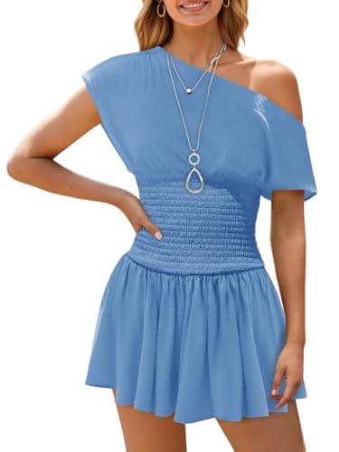 Wenrine Women's Off The Shoulder Mini Dress Summer Short Sleeve Smocked Waist Y2K A Line Going Out Club Dresses — image 1