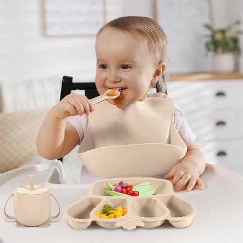 Silicone Baby Feeding Set 10 Pcs Baby Led Weaning Supplies Suction Bowl Divided Plate Baby Bibs Fruit Feeder Baby Spoons Forks Sippy Cup Toddler Utensil Sets Baby Essentials for Newborn Gift view 2