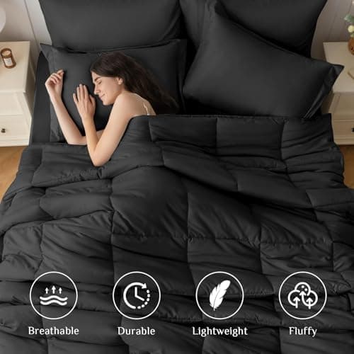 JOLLYVOGUE California King Comforter Set, Ultra-Soft Bed in a Bag Cal King Size 7 Pieces, Oeko-TEX Certified Bedding Set with Down Alternative Comforter, Sheets, Pillowcases & Shams, Black view 3