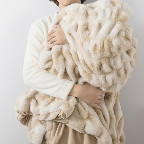 WDCOZY Ruched Faux Fur Throw Blanket Soft Cozy Fluffy Luxurious Blankets Couch Bed Sofa Chair Home Decor Warm Furry Fall Winter Plush Rabbit Fur Bubble Blanket 50" x 60", Caramel Beige Camel Neutral view 3
