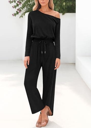 Lazysmile Jumpsuits For Women Dressy Long Sleeve Off Shoulder One Piece Wide Legs Rompers Casual Fall Outfits with Pockets view 5