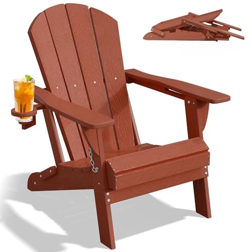 PLUUV Folding Adirondack Chair, Hdpe All-Weather Patio Chairs with Cup Holder, Wooden Textured Fire Pit Chairs, Outdoor Chair for Poolside, Backyard, Deck（Reddish）