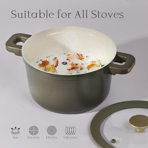 CAROTE Ceramic Saucepan Set 5.5QT/3QT/2QT，Nonstick Cooking Pots Set with Detachable Handles，Non-toxic Stock Pots with Lid，Induction Comptable，PFAS and PFOA Free，Olive Green view 6