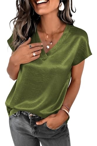 RUMIA Short Sleeve Satin Blouses Tops for Women- Ladies V Neck Blouse Shirt Dressy Casual Bussiness Work Outfit view 2